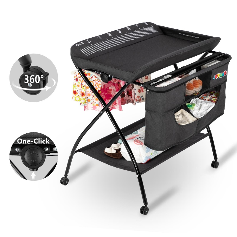 JOYMOR Folding Baby Changing Table,Diaper Table,Lockable Wheels,Storage