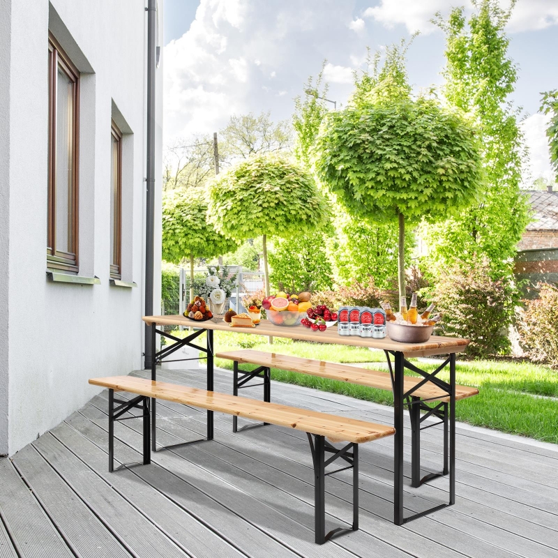 Zimtown 3 Piece Folding Bench and Table Set 2 Benches and 1 Table Wood Beer Table Set for Camping zimtown