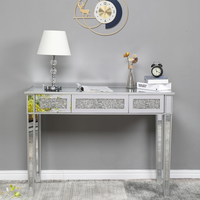 Zimtown Console Table, Mirrored Surface Entry Table, Broken Glass Drawer Hallway Table, Silver