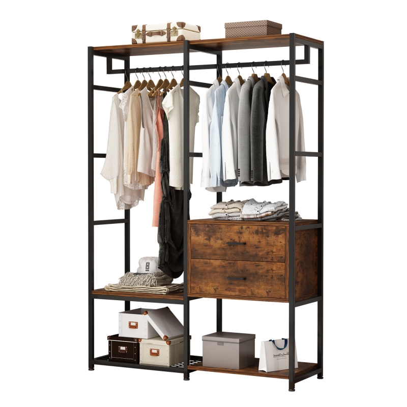 Brown Free-standing Closet Organizer Garment Rack with Double Hanging Rod
