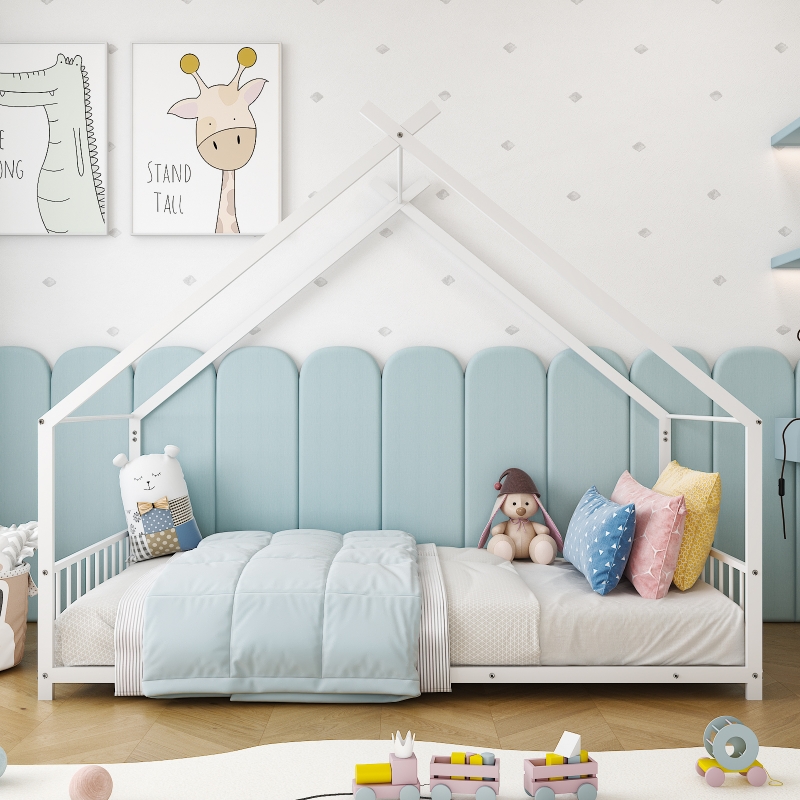 Zimtown Twin Size Montessori Floor Bed, Metal House Bed Frame for