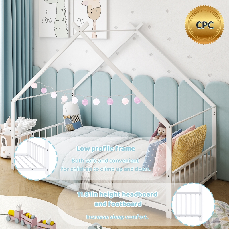 Zimtown Twin Size Montessori Floor Bed, Metal House Bed Frame for