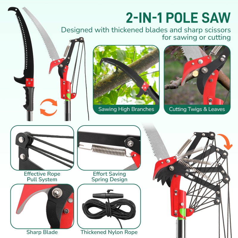 Loyesm 26ft Pole Saws for Tree Trimming Four Pulley Design Manual Tree Pole Pruner Set Extendable Height Manual Branches Trimmer with Alloy Steel Saw Pole Pruning Saw 26 Foot Long Handle Adjustable Length, Manual Pole Saw  High Branch Scissors with Carry Bag and Sturdy Pole, Telescopic Tree Pruner