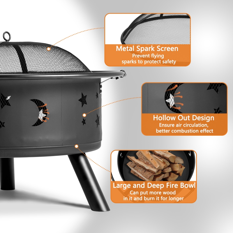 Fire Pit for Outside Outdoor Wood Burning, Star & Moon