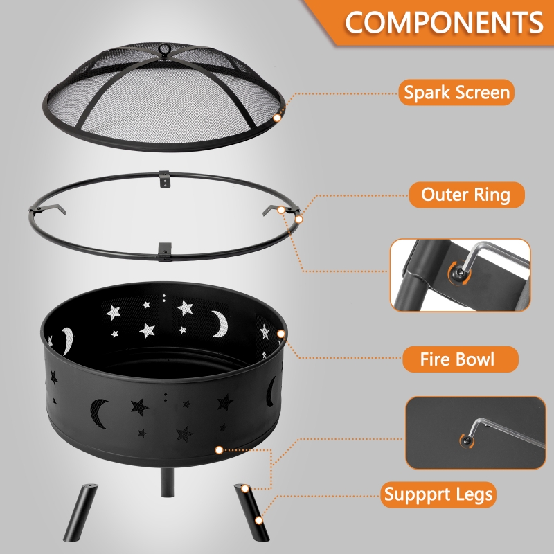 Fire Pit for Outside Outdoor Wood Burning, Star & Moon